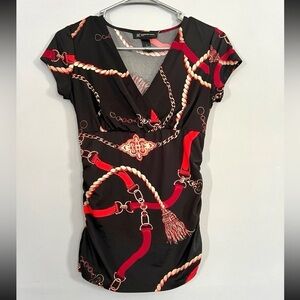 INC International Concepts - Black v-neck top with red/gold design